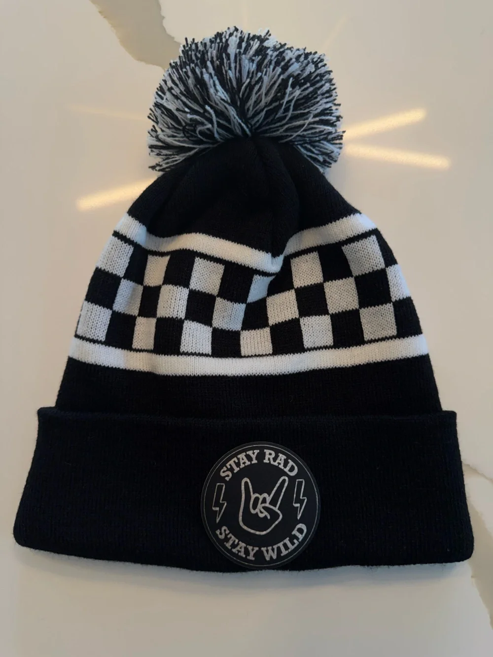 The Sunny Nest Black Checkered Pom Pom Beanie Youth NWOT